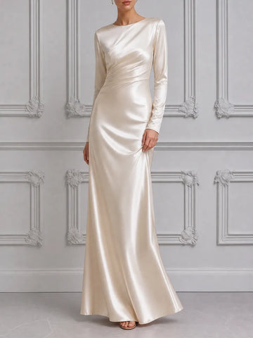 White Dress Satin Ruched Long Sleeve Maxi Dress