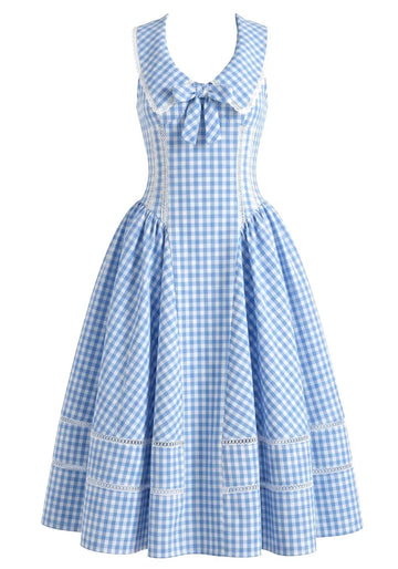 Gingham Corset A Line Midi Dress Blue