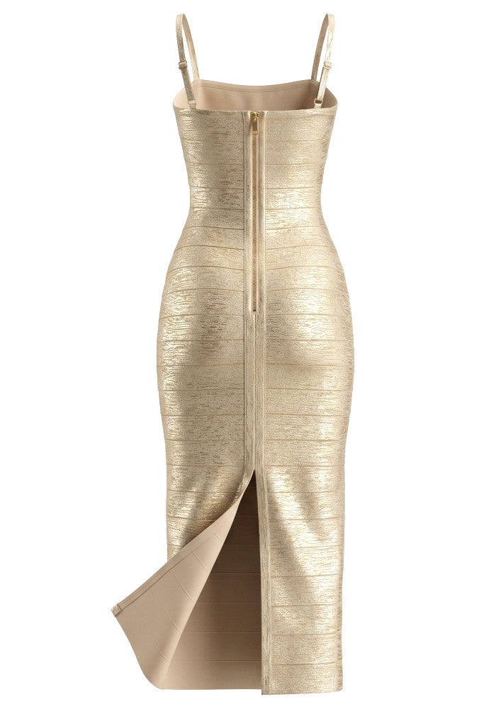 Woodgrain Foil Print Maxi Dress Gold