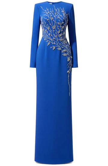 Long Sleeve Crystal Floral Maxi Dress Blue