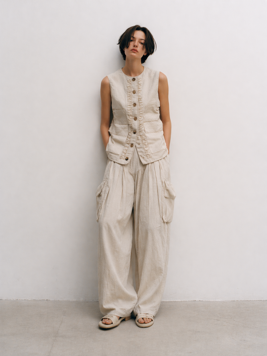 Women's Minimalist Casual Cotton And Linen Blend Off-white Suit MDZ2401D7ZJW