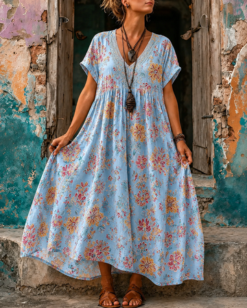 Women's Vacation Linen Boho Floral Print V-Neck Short Sleeve Maxi Dress