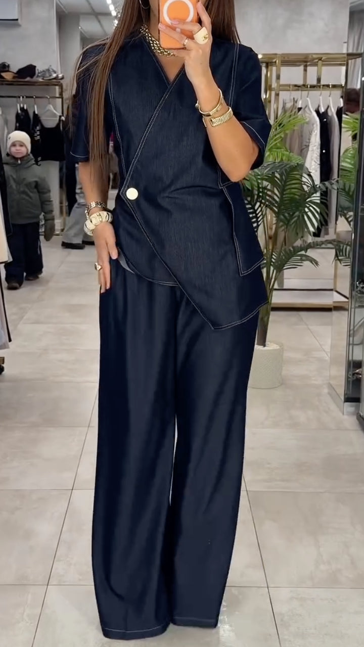 Dark Blue Denim Crossover Short Sleeve & Wide-Leg Pants Set