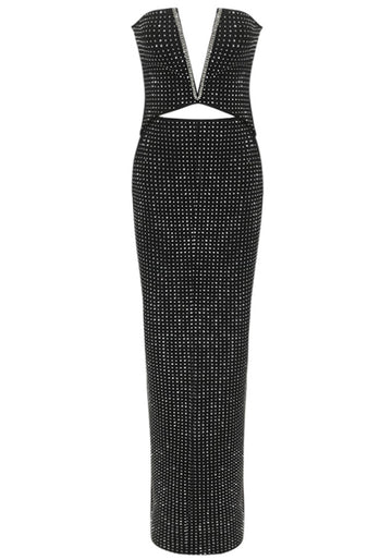 Strapless Crystal Cut Out Maxi Dress Black