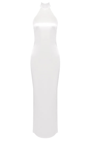 Halter Pearl Detail Backless Maxi Dress White