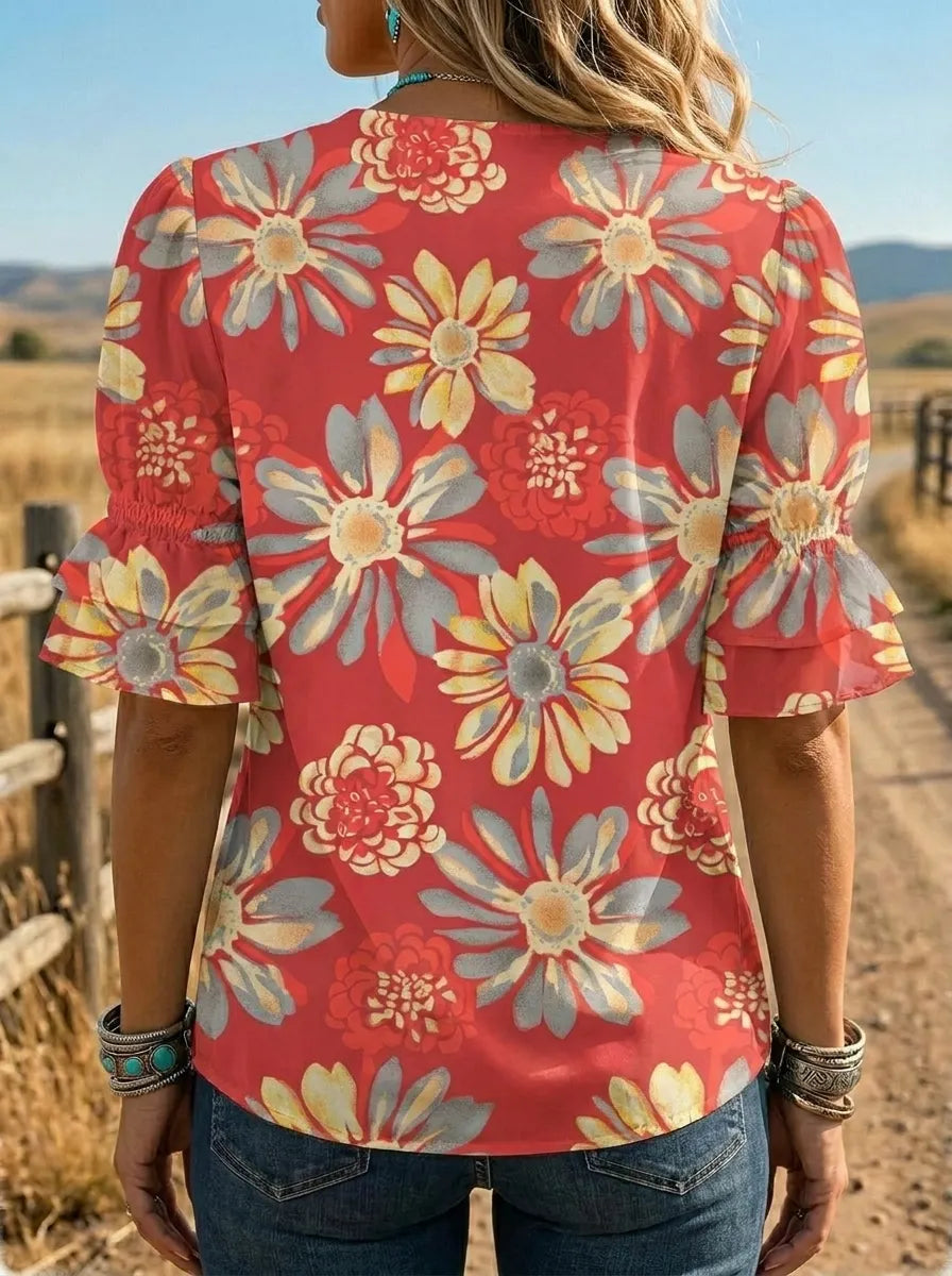 Women's Retro Floral Art Puff Sleeve Casual Shirt