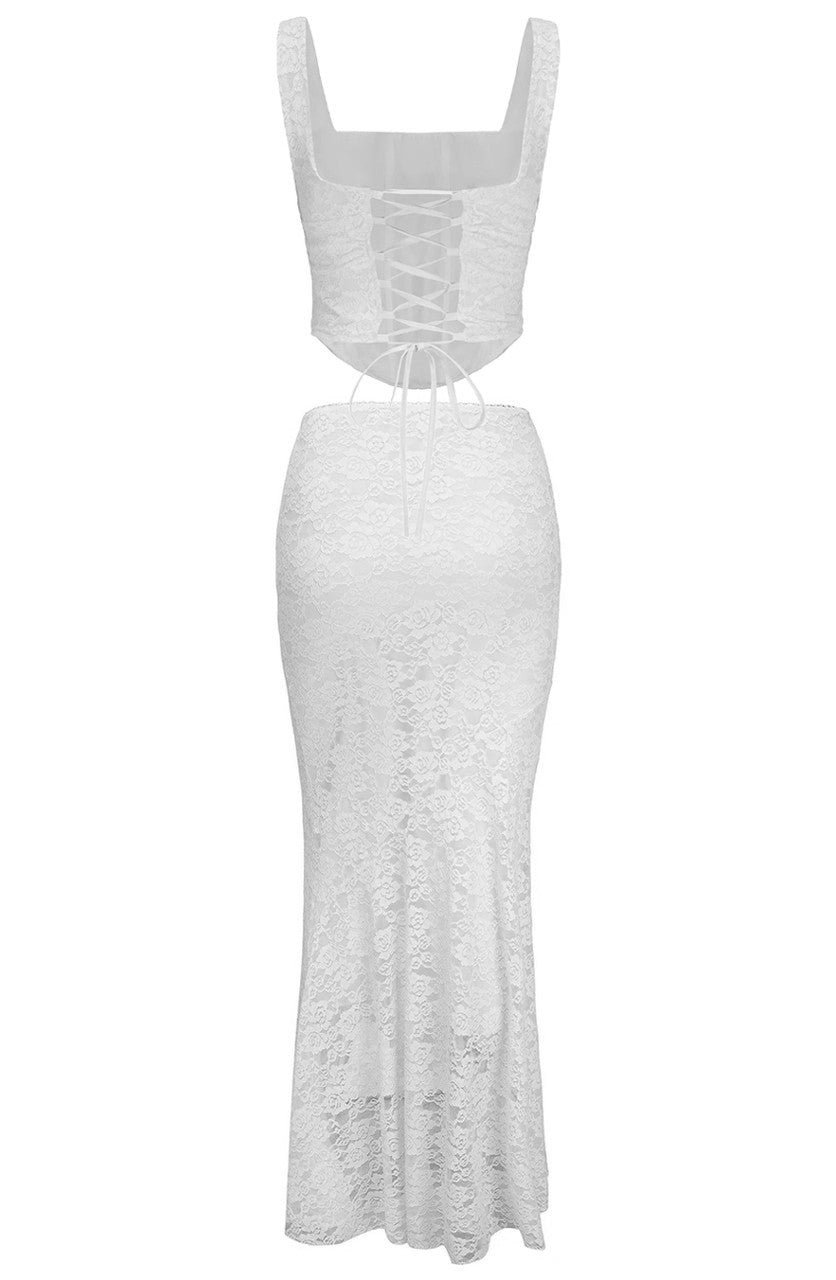 Ruched Lace Corset Two Piece Maxi Dress White
