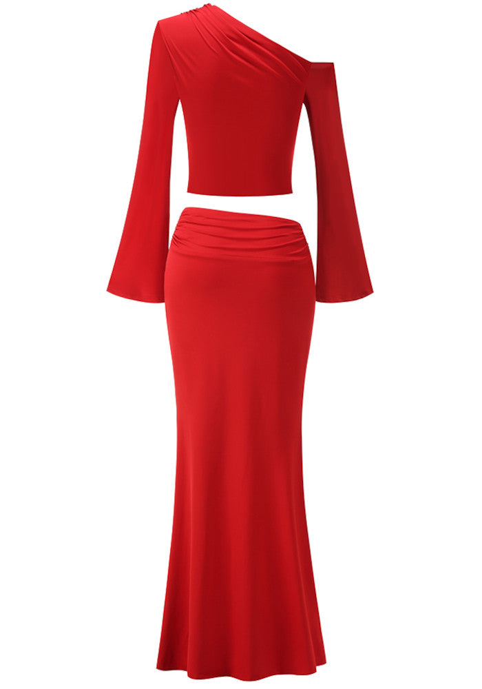 Long Sleeve Bardot Two Piece Maxi Dress Red