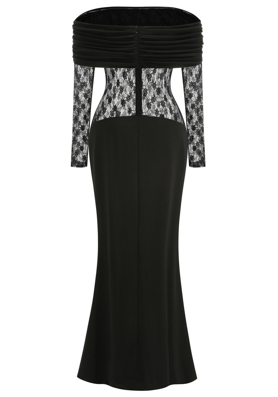 Lace Long Sleeve Draped Bardot Maxi Dress Black