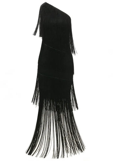 One Shoulder Tassel Maxi Dress Black