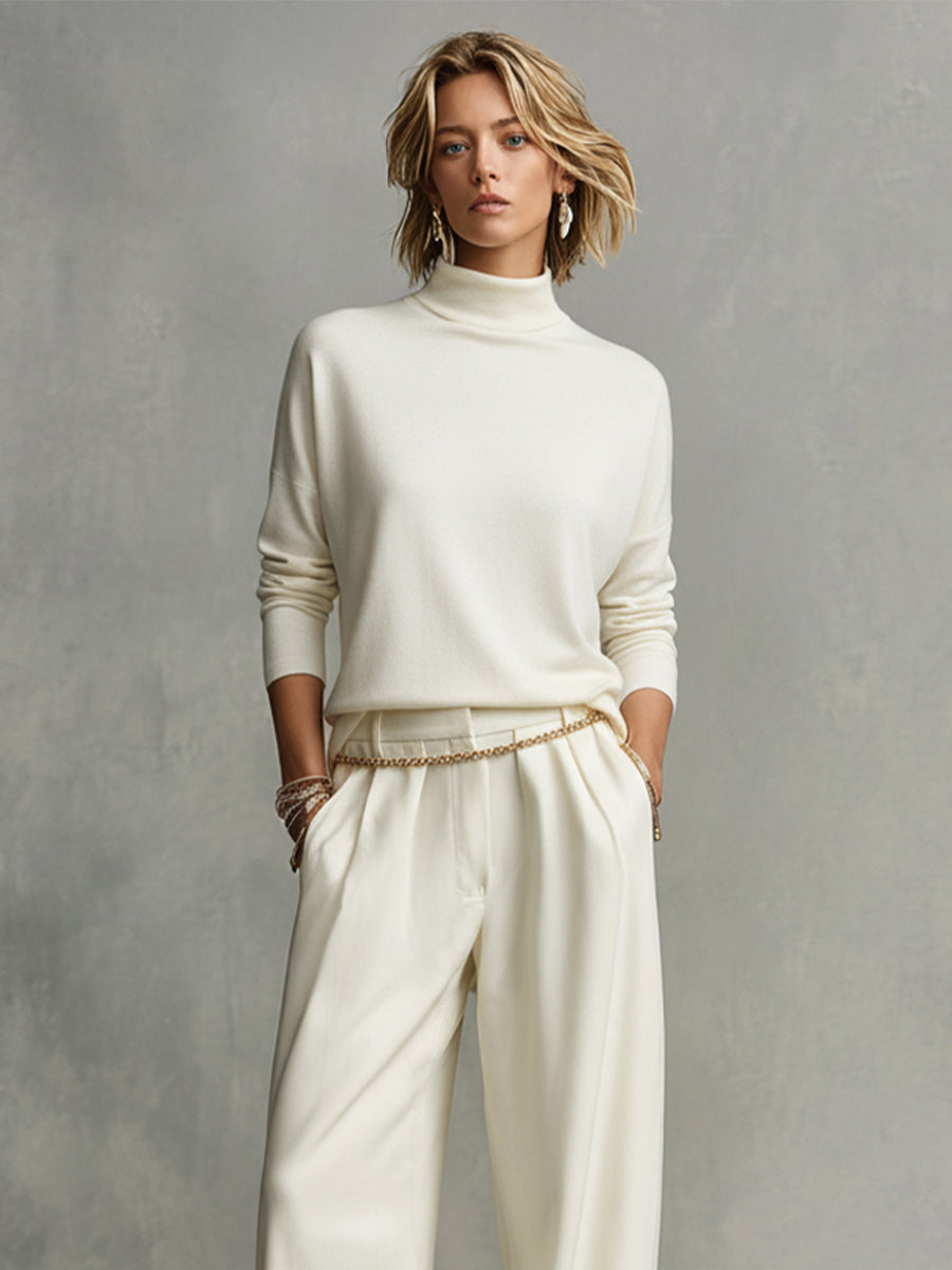 Women's Cream Soft Knit Chic Turtleneck Top & Flowy Wide-Leg Pant Set MDA0185K5I