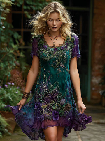 Women's Retro Purple Floral Knot Pattern Casual Dress