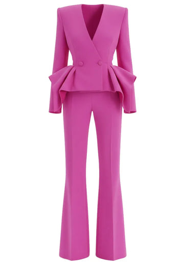 Long Sleeve Peplum Suit Hot Pink