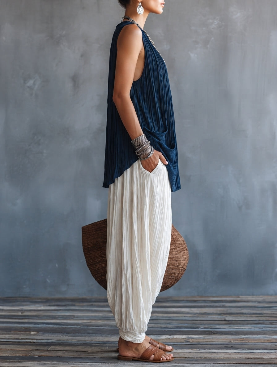 Sleeveless Pleated Top And Lantern Pants Loose Casual Two-Piece Set