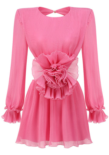 Long Sleeve Floral Detail Backless Dress Hot Pink