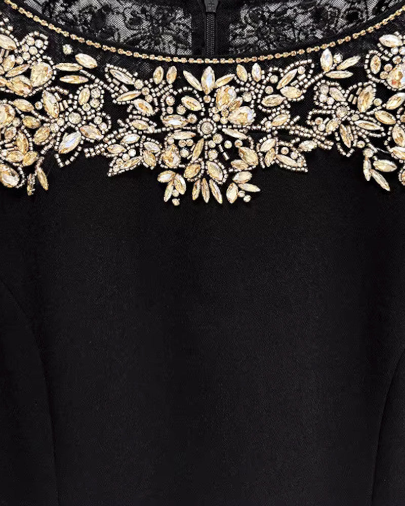 Long Sleeve Crystal Shoulder Midi Dress Black