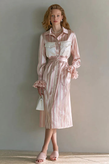Women's Pink Satin Patchwork Striped Long Sleeve Shirt Dress