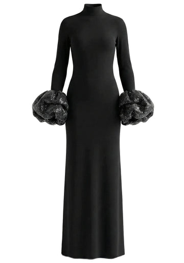 Crystal Bubble Long Sleeve Maxi Dress Black