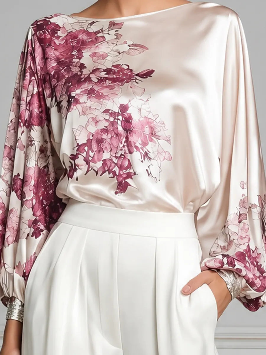 Ivory Floral Satin Lantern-Sleeve Shirt
