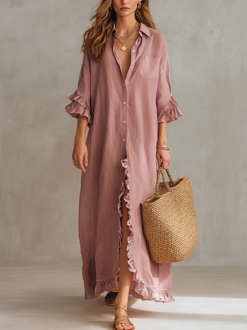 Romantic Ruffled-Trim Button-Down Shirt Maxi Dress