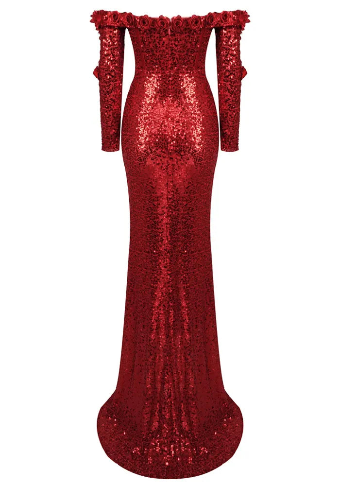 Long Sleeve Floral Bardot Sequin Maxi Dress Red