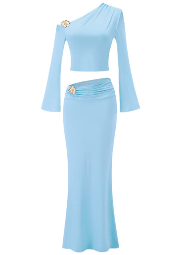 Long Sleeve Bardot Two Piece Maxi Dress Blue