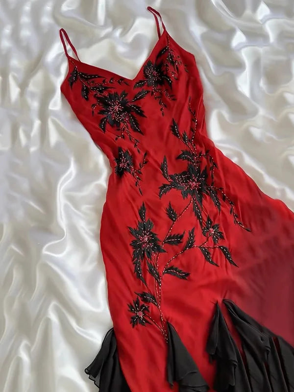 Fairy-Tale Dress, Red Ruffled Black Long Chiffon Dress With Delicate Floral Beading.