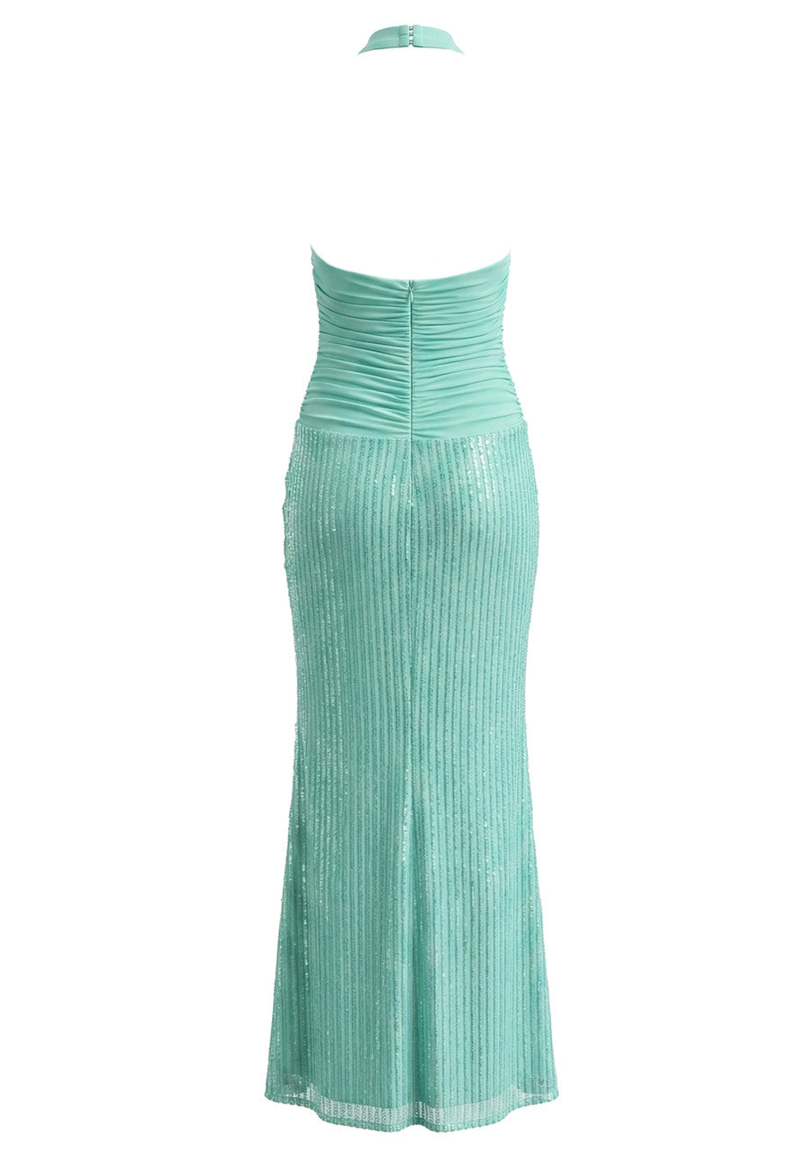 Halter Ruched Sequin Maxi Dress Green