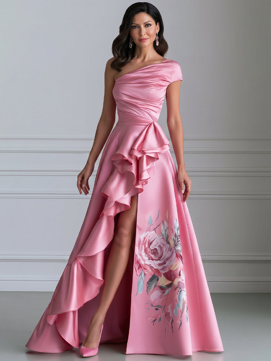 Floral Ruched One-Shoulder Ruffle Satin Evening Gown