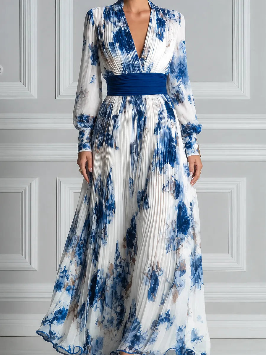 White Dress Fall Wedding Guest Dress Blue Floral Pleated Maxi Dress