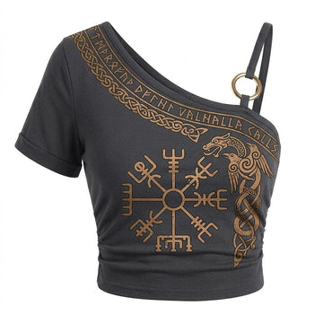Women's Viking-Print One-Shoulder Cropped Cami T-Shirt