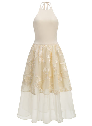 Halter Floral A Line Midi Dress Ivory