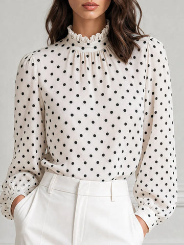 White Polka Dot Ruffle Neck Long Sleeve Blouse