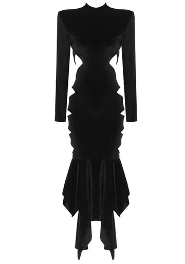 Long Sleeve Cut Out Fluted Midi Velvet Dress Black