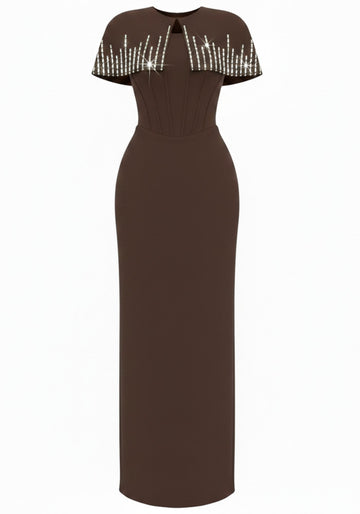 Crystal Cape Detail Maxi Dress Brown