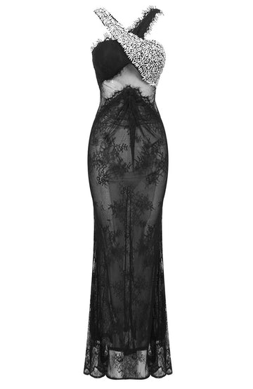Halter Crystal Lace Maxi Dress Black