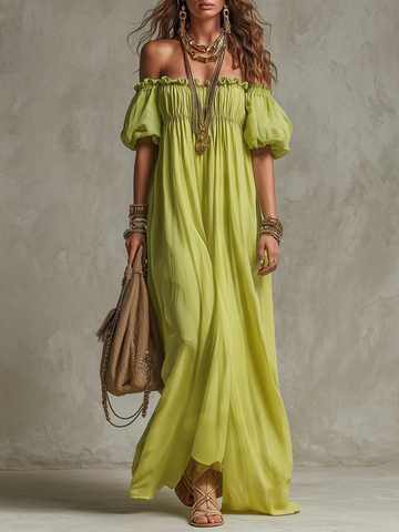 Lime Bohemian Off Shoulder Smocked Maxi Dress