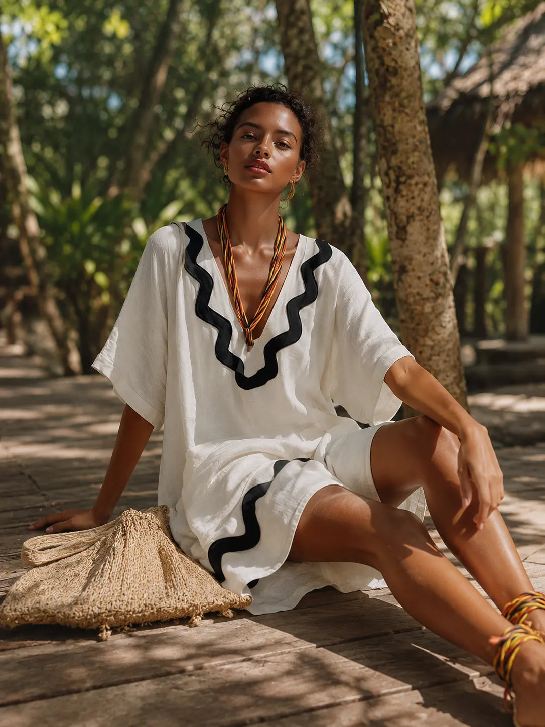 Vintage-style Elegant Scalloped-edge White Cotton-linen Short-sleeve Mini Dress