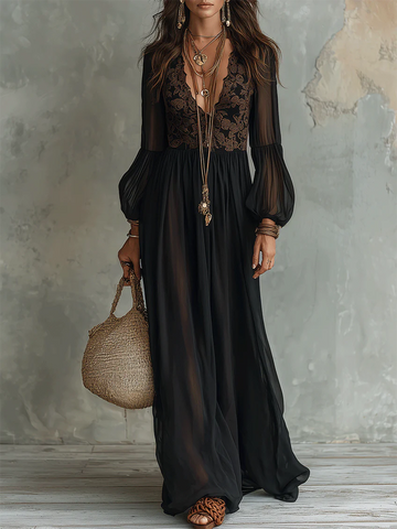 Boho Sexy V-neck Lace Backless Chiffon Dress