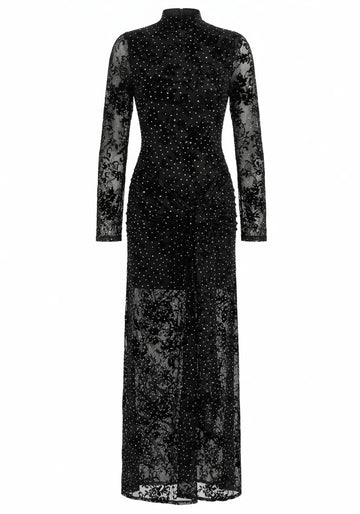 Long Sleeve Embellished Lace Maxi Dress Black