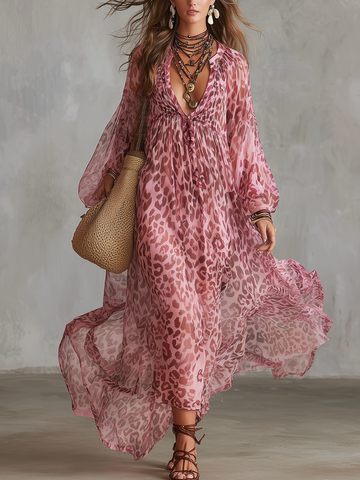 Bohemian Style Pink Chiffon Leopard Print Long Robe Dress