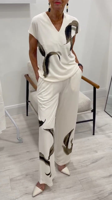 V Neck Short Sleeve Top + Wide Leg Pan Two Piece Settsp + Wide Leg Pants