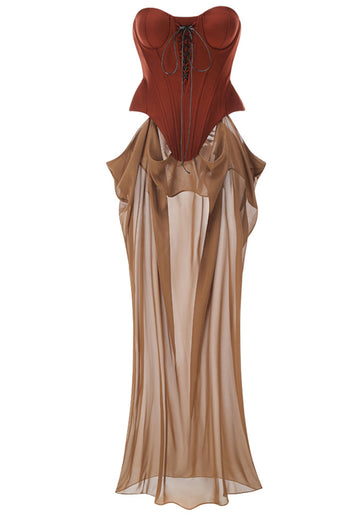 Strapless Corset Draped Maxi Dress Brown