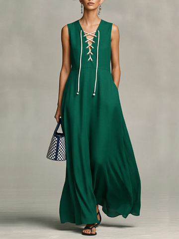 Women's Dark Green Flowy Maxi Dress With Crisscross Lace-Up Front & A-Line Silhouette, Modern Casual-Elegant Day Dress MDZ2116D4LYL