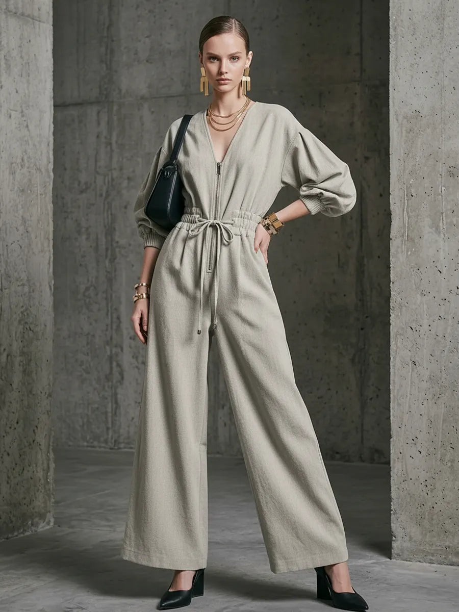Women's Commuter Light Gray Linen-Cotton Zip-Up Waisted Wide-Leg Jumpsuit MDZ2174D2GMJ