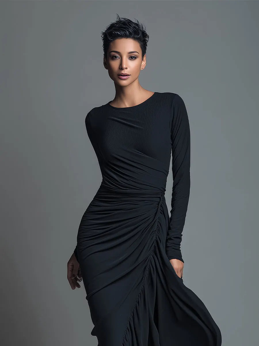 Women's Black Elegant Jersey Knit Ruched Maxi Dress MDA1541H1I