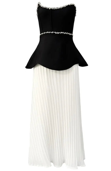 Strapless Crystal Peplum Pleated Midi Dress Black White