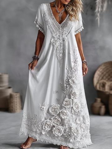 Women's Vintage White Rose Floral Art Linen Blend V Neck Maxi Dress