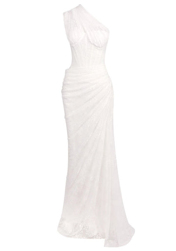 One Shoulder Draped Lace Maxi Dress White