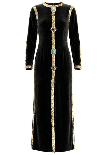 Long Sleeve Sequin Crystal Maxi Velvet Dress Black